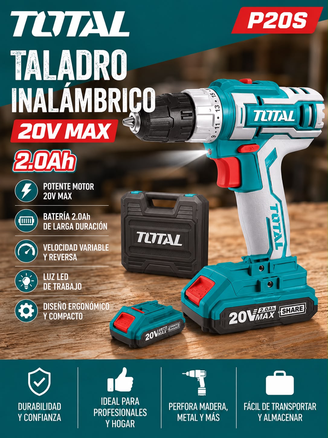 Taladro Total 3/8″ Inalámbrico 99Nm