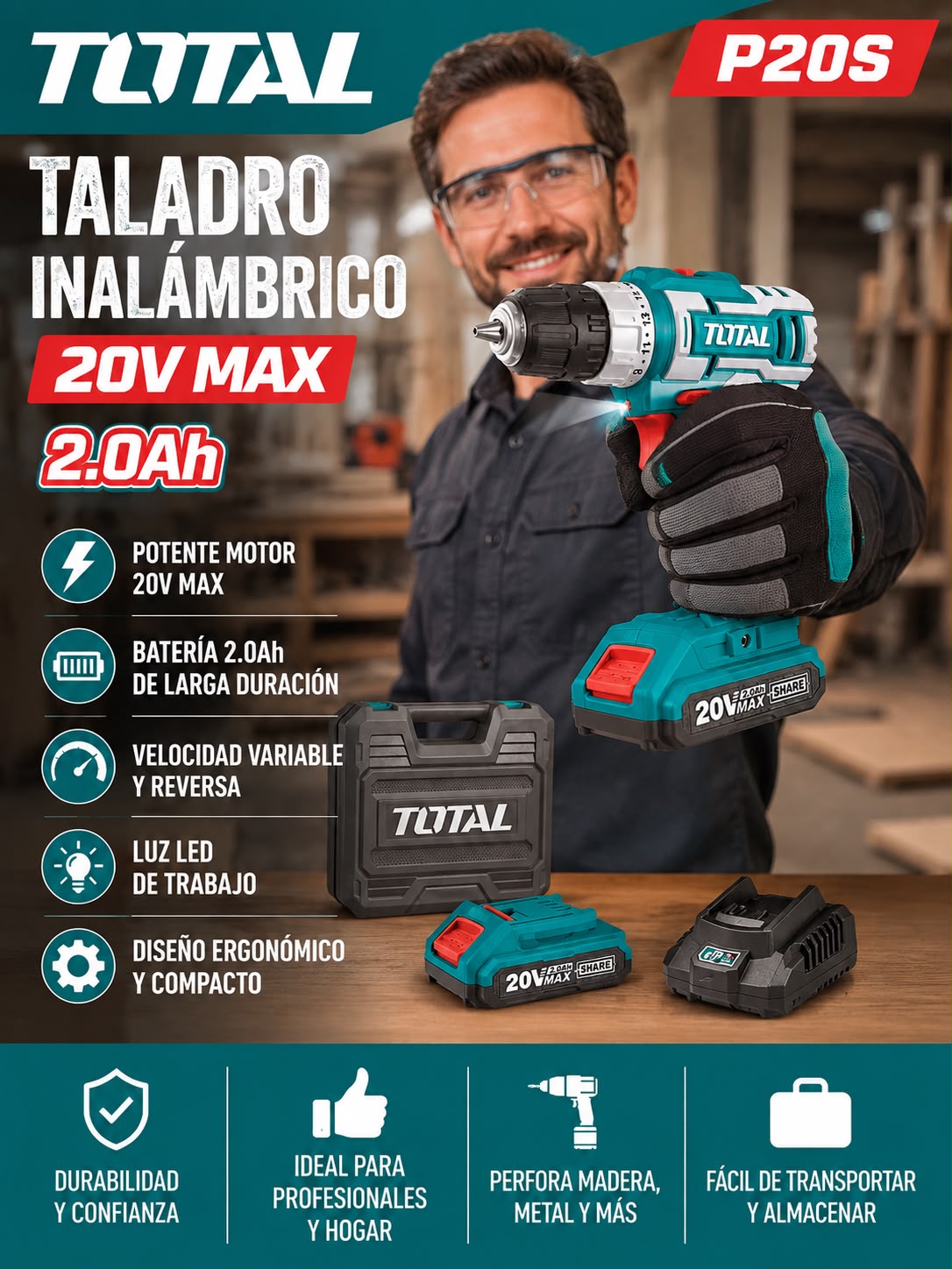 Taladro Total  3/8″ Inalámbrico 99Nm